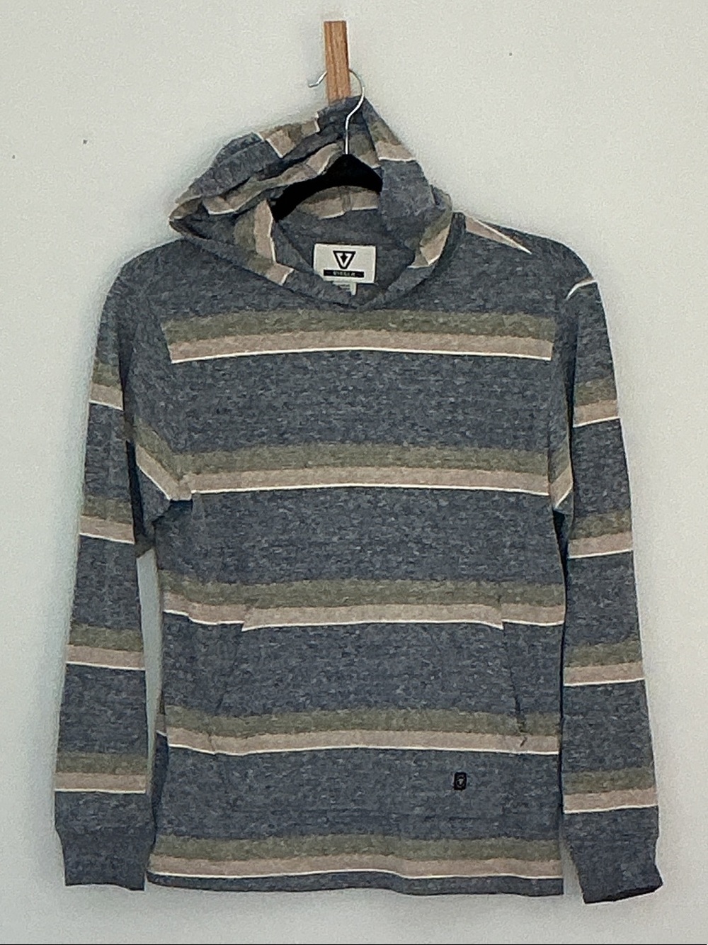 VISSLA Blue Striped Hooded Pullover with Tan & Olive Accents